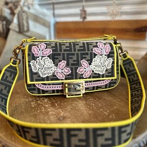 Fendi Zucca Floral Embroidered Baguette Medium